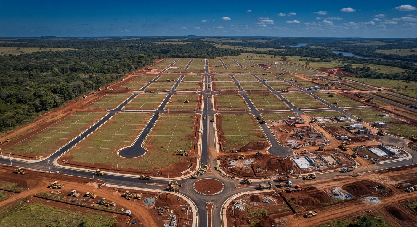 Vista aérea de un loteamiento en desarrollo