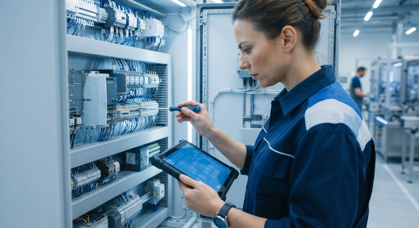 Ingeniera revisando un tablero eléctrico con una tablet